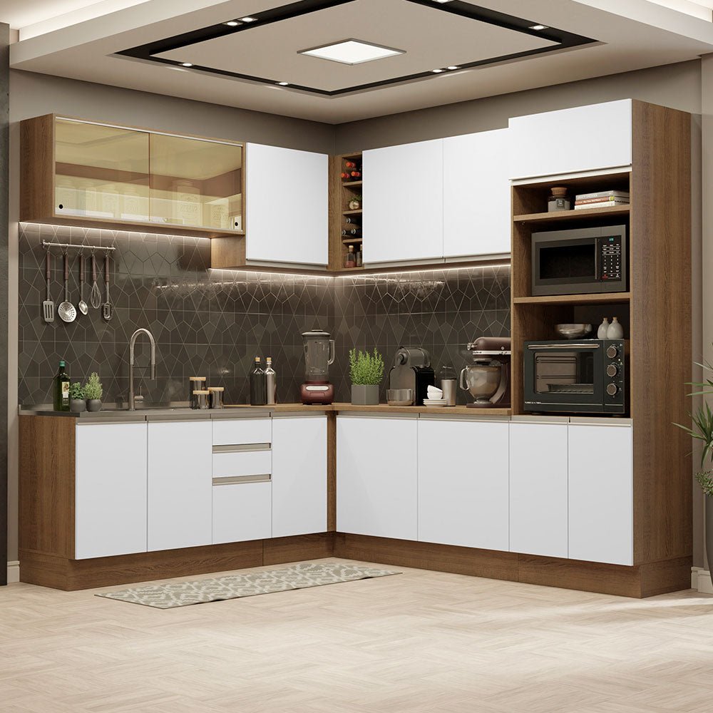 Cocina Integral Esquinero Modular Glamy Marron y Blanco 459x225cm sin Mesón sin Estufa con Tres Cajones y con Veintisiete Entrepaños - COCINAS | Bylmo