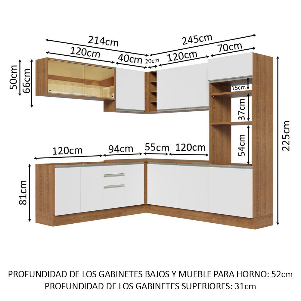 Cocina Integral Esquinero Modular Glamy Marron y Blanco 459x225cm sin Mesón sin Estufa con Tres Cajones y con Veintisiete Entrepaños - COCINAS | Bylmo