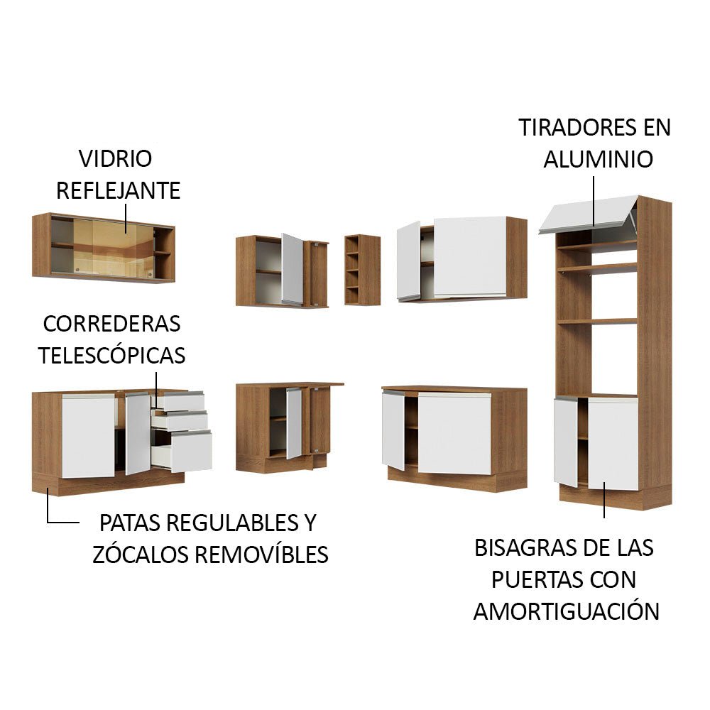 Cocina Integral Esquinero Modular Glamy Marron y Blanco 459x225cm sin Mesón sin Estufa con Tres Cajones y con Veintisiete Entrepaños - COCINAS | Bylmo