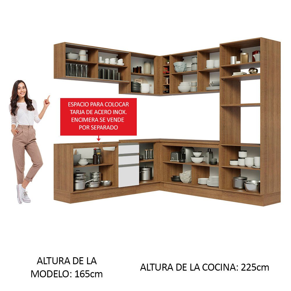 Cocina Integral Esquinero Modular Glamy Marron y Blanco 459x225cm sin Mesón sin Estufa con Tres Cajones y con Veintisiete Entrepaños - COCINAS | Bylmo