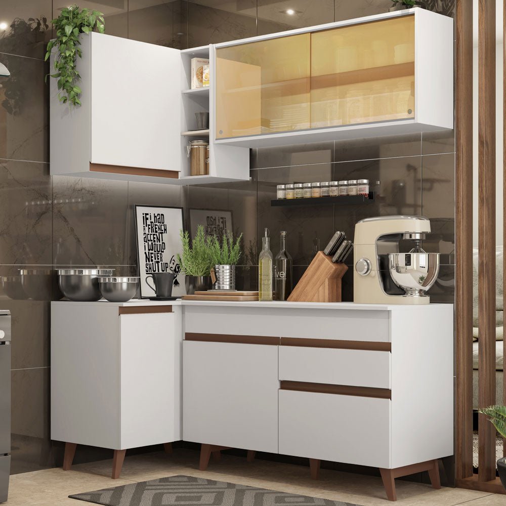 Cocina Integral Esquinero Modular Reims Blanco 262x210cm con Mesón de Madera Aglomerada Mdp sin Estufa con Un Cajón y con Trece Entrepaños - COCINAS | Bylmo