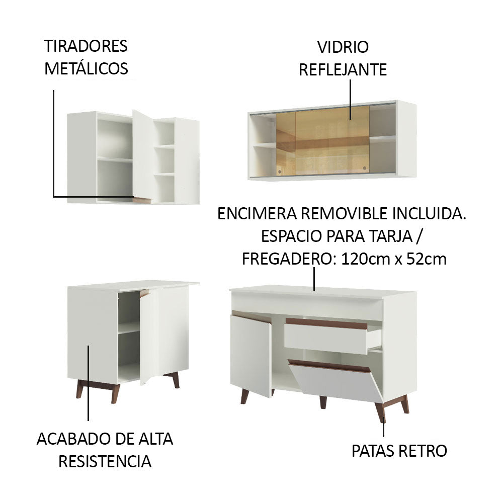 Cocina Integral Esquinero Modular Reims Blanco 262x210cm con Mesón de Madera Aglomerada Mdp sin Estufa con Un Cajón y con Trece Entrepaños - COCINAS | Bylmo