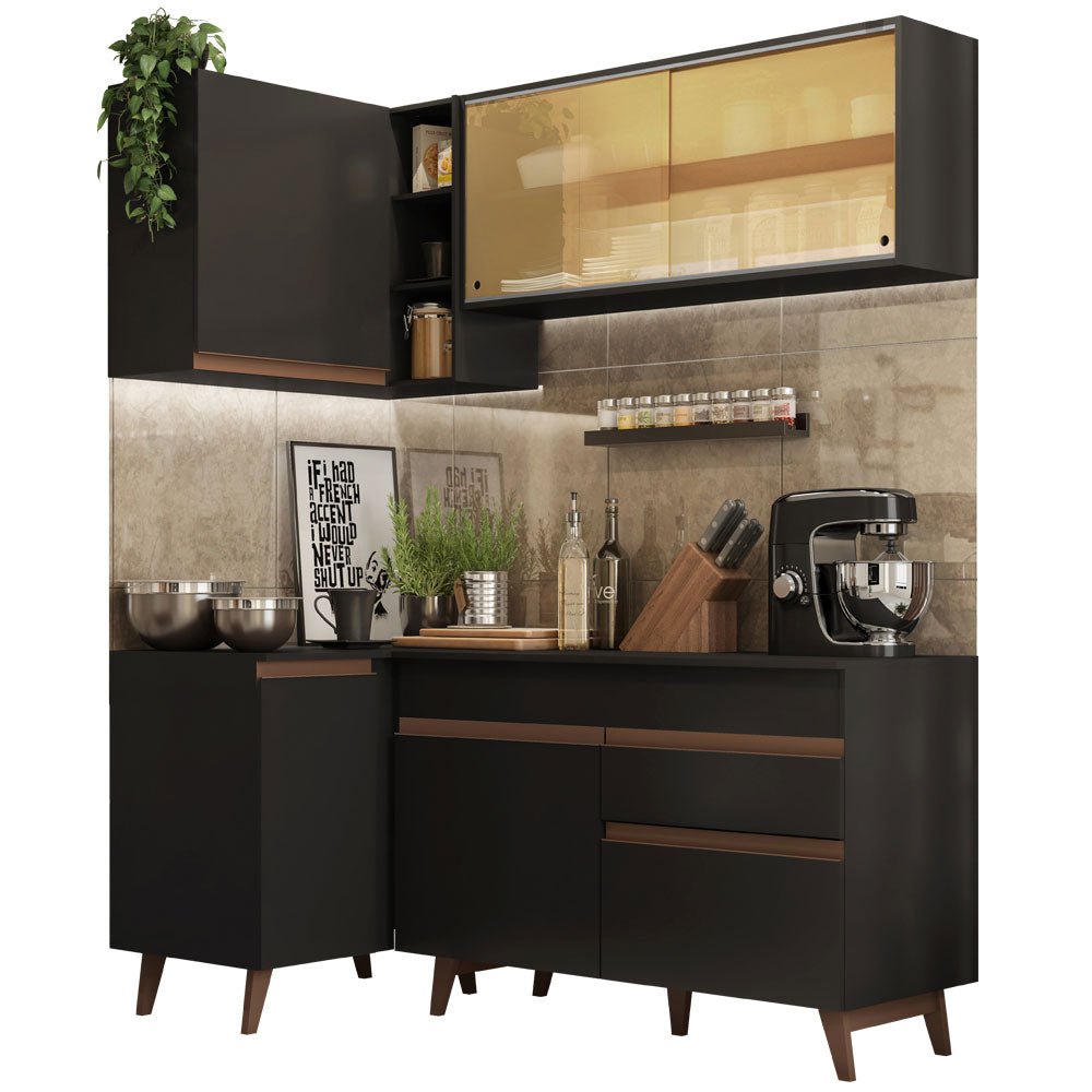 Cocina Integral Esquinero Modular Reims Negro 262x210cm con Mesón de Madera Aglomerada Mdp sin Estufa con Un Cajón y con Trece Entrepaños - COCINAS | Bylmo