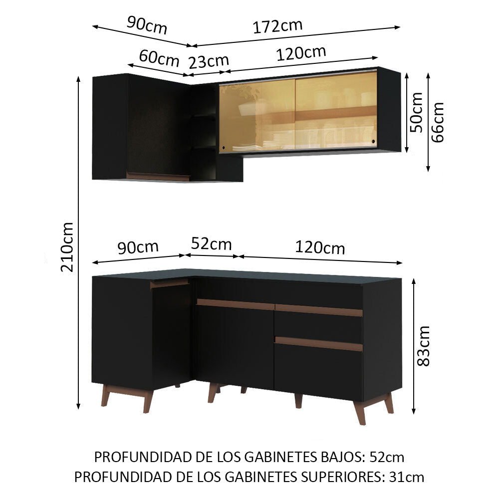 Cocina Integral Esquinero Modular Reims Negro 262x210cm con Mesón de Madera Aglomerada Mdp sin Estufa con Un Cajón y con Trece Entrepaños - COCINAS | Bylmo