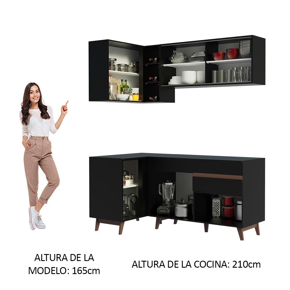 Cocina Integral Esquinero Modular Reims Negro 262x210cm con Mesón de Madera Aglomerada Mdp sin Estufa con Un Cajón y con Trece Entrepaños - COCINAS | Bylmo