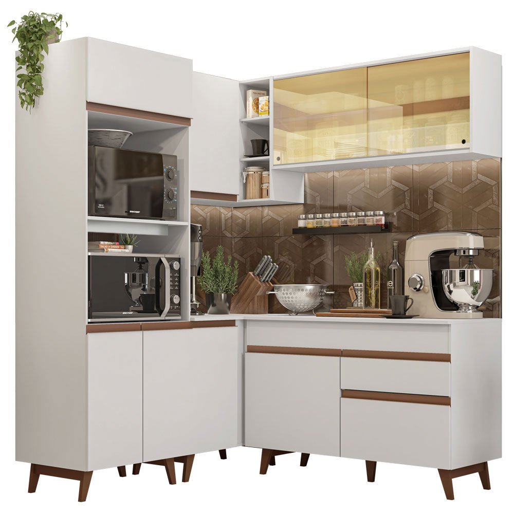 Cocina Integral Esquinero Modular Reims Blanco 332x210cm con Mesón de Madera Aglomerada Mdp sin Estufa con Un Cajón y con Dieciocho Entrepaños - COCINAS | Bylmo