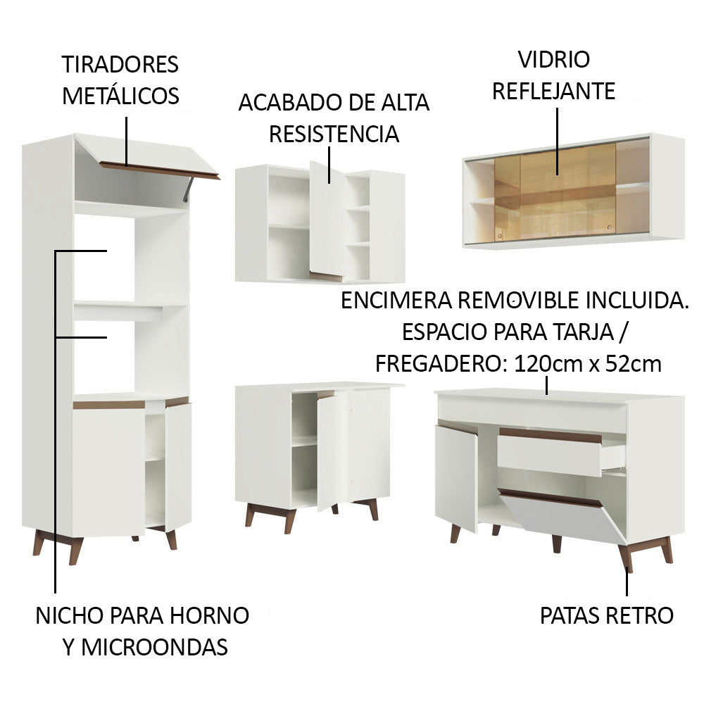 Cocina Integral Esquinero Modular Reims Blanco 332x210cm con Mesón de Madera Aglomerada Mdp sin Estufa con Un Cajón y con Dieciocho Entrepaños - COCINAS | Bylmo