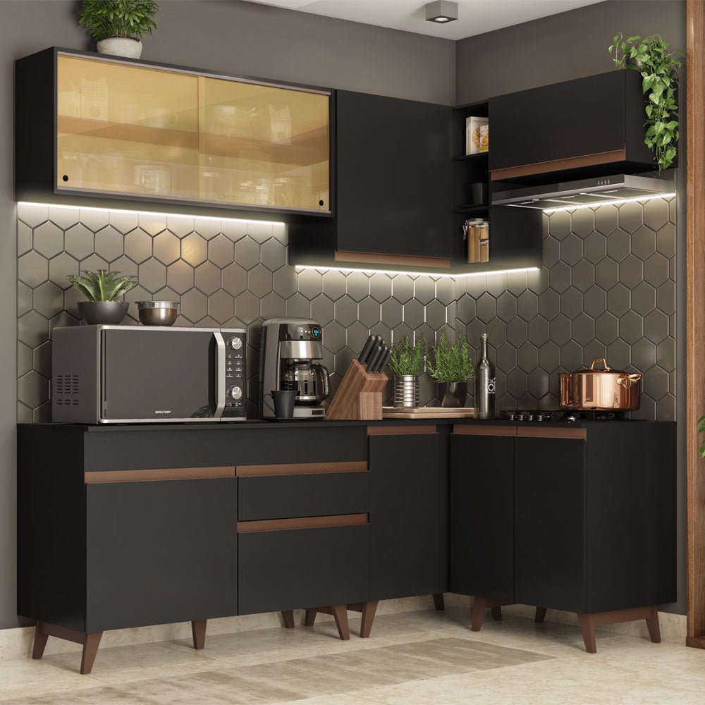 Cocina Integral Esquinero Modular Reims Negro 332x210cm con Mesón de Madera Aglomerada Mdp sin Estufa con Un Cajón y con Dieciséis Entrepaños - COCINAS | Bylmo