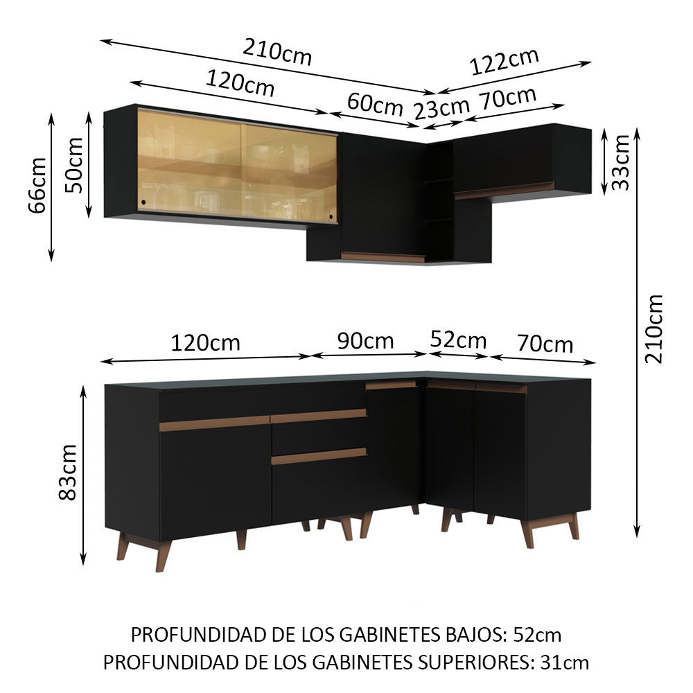 Cocina Integral Esquinero Modular Reims Negro 332x210cm con Mesón de Madera Aglomerada Mdp sin Estufa con Un Cajón y con Dieciséis Entrepaños - COCINAS | Bylmo