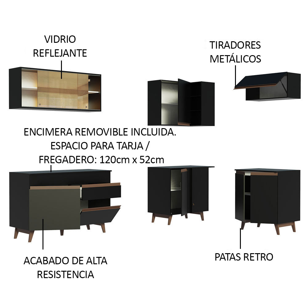 Cocina Integral Esquinero Modular Reims Negro 332x210cm con Mesón de Madera Aglomerada Mdp sin Estufa con Un Cajón y con Dieciséis Entrepaños - COCINAS | Bylmo