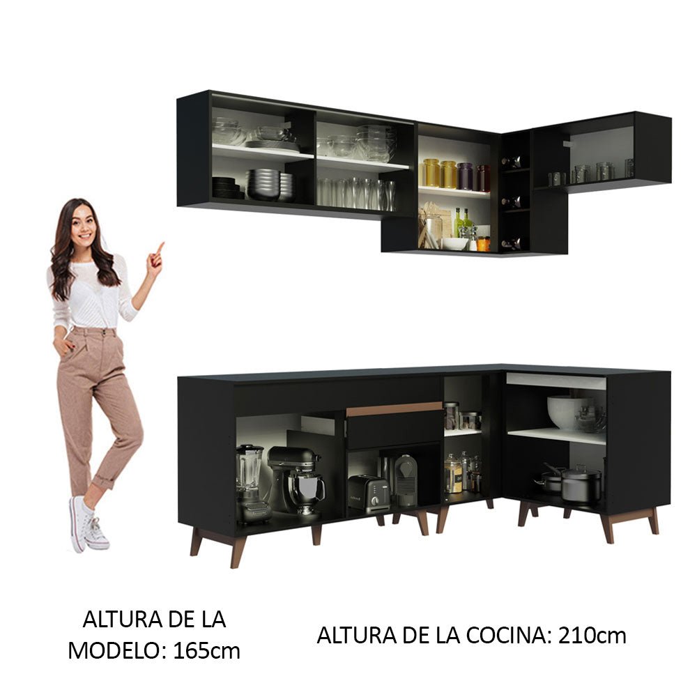 Cocina Integral Esquinero Modular Reims Negro 332x210cm con Mesón de Madera Aglomerada Mdp sin Estufa con Un Cajón y con Dieciséis Entrepaños - COCINAS | Bylmo