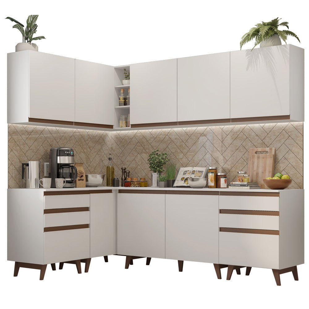 Cocina Integral Esquinero Modular Reims Blanco 382x210cm con Mesón de Madera Aglomerada Mdp sin Estufa con Seis Cajones y con Dieciocho Entrepaños - COCINAS | Bylmo