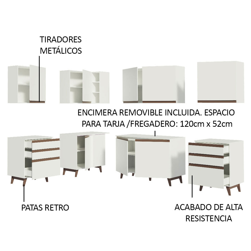 Cocina Integral Esquinero Modular Reims Blanco 382x210cm con Mesón de Madera Aglomerada Mdp sin Estufa con Seis Cajones y con Dieciocho Entrepaños - COCINAS | Bylmo