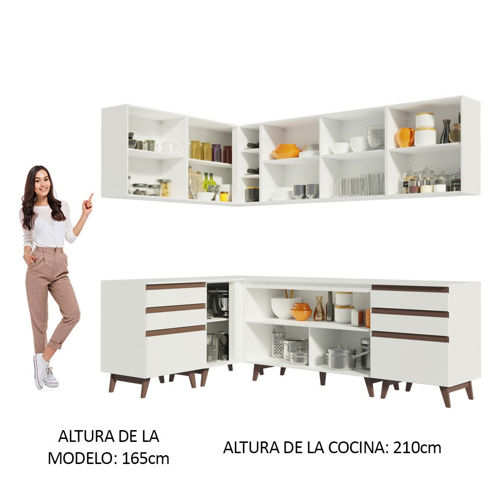 Cocina Integral Esquinero Modular Reims Blanco 382x210cm con Mesón de Madera Aglomerada Mdp sin Estufa con Seis Cajones y con Dieciocho Entrepaños - COCINAS | Bylmo