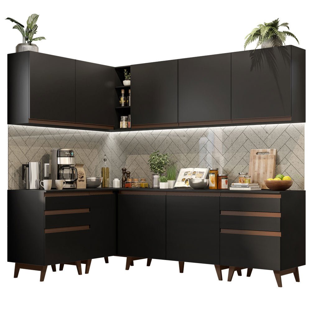 Cocina Integral Esquinero Modular Reims Negro 382x210cm con Mesón de Madera Aglomerada Mdp sin Estufa con Seis Cajones y con Dieciocho Entrepaños - COCINAS | Bylmo