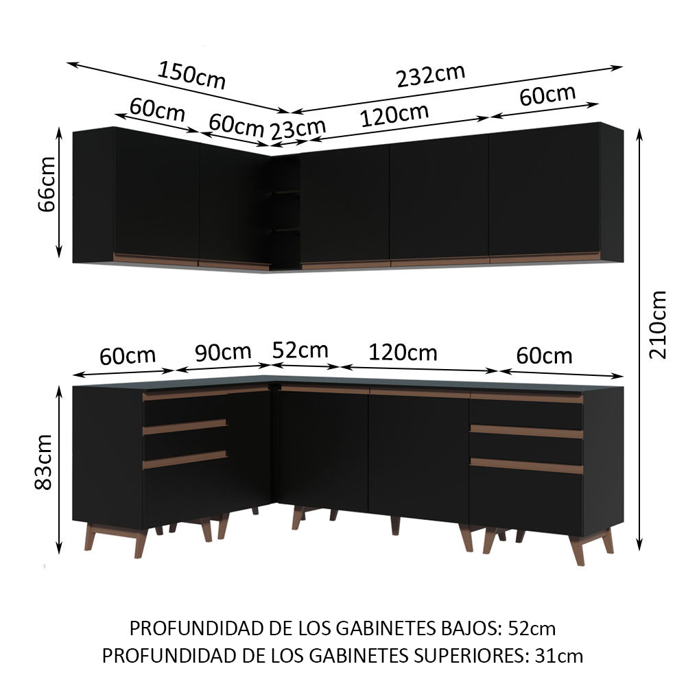 Cocina Integral Esquinero Modular Reims Negro 382x210cm con Mesón de Madera Aglomerada Mdp sin Estufa con Seis Cajones y con Dieciocho Entrepaños - COCINAS | Bylmo