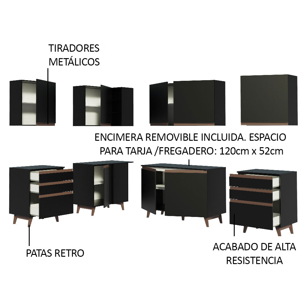 Cocina Integral Esquinero Modular Reims Negro 382x210cm con Mesón de Madera Aglomerada Mdp sin Estufa con Seis Cajones y con Dieciocho Entrepaños - COCINAS | Bylmo