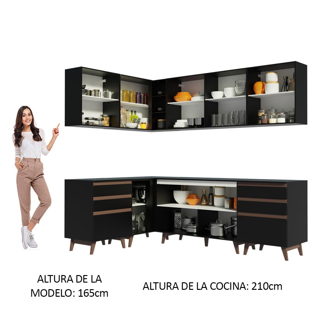 Cocina Integral Esquinero Modular Reims Negro 382x210cm con Mesón de Madera Aglomerada Mdp sin Estufa con Seis Cajones y con Dieciocho Entrepaños - COCINAS | Bylmo