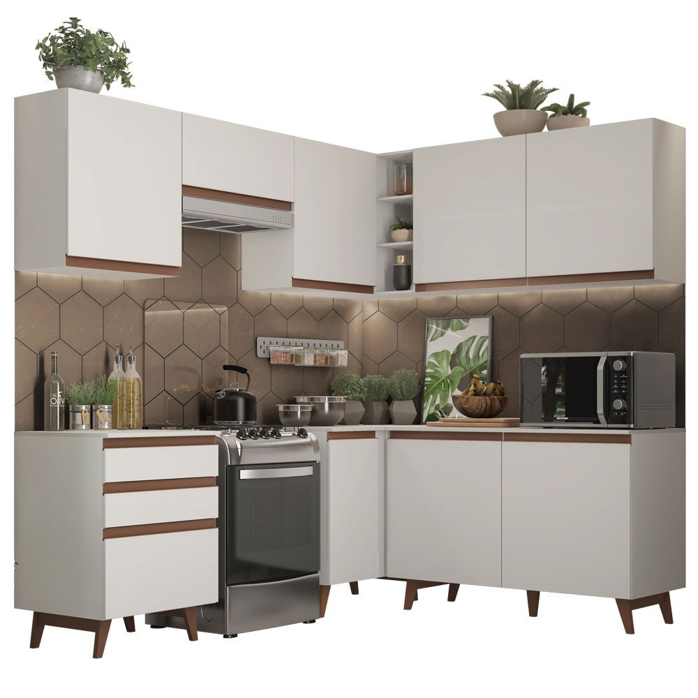 Cocina Integral Esquinero Modular Reims Blanco 392x210cm con Mesón de Madera Aglomerada Mdp sin Estufa con Tres Cajones y con Diecisiete Entrepaños - COCINAS | Bylmo