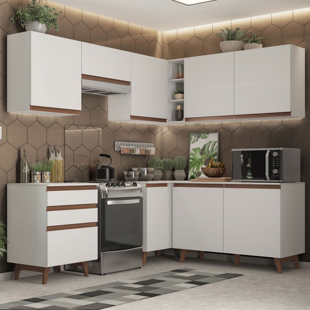 Cocina Integral Esquinero Modular Reims Blanco 392x210cm con Mesón de Madera Aglomerada Mdp sin Estufa con Tres Cajones y con Diecisiete Entrepaños - COCINAS | Bylmo