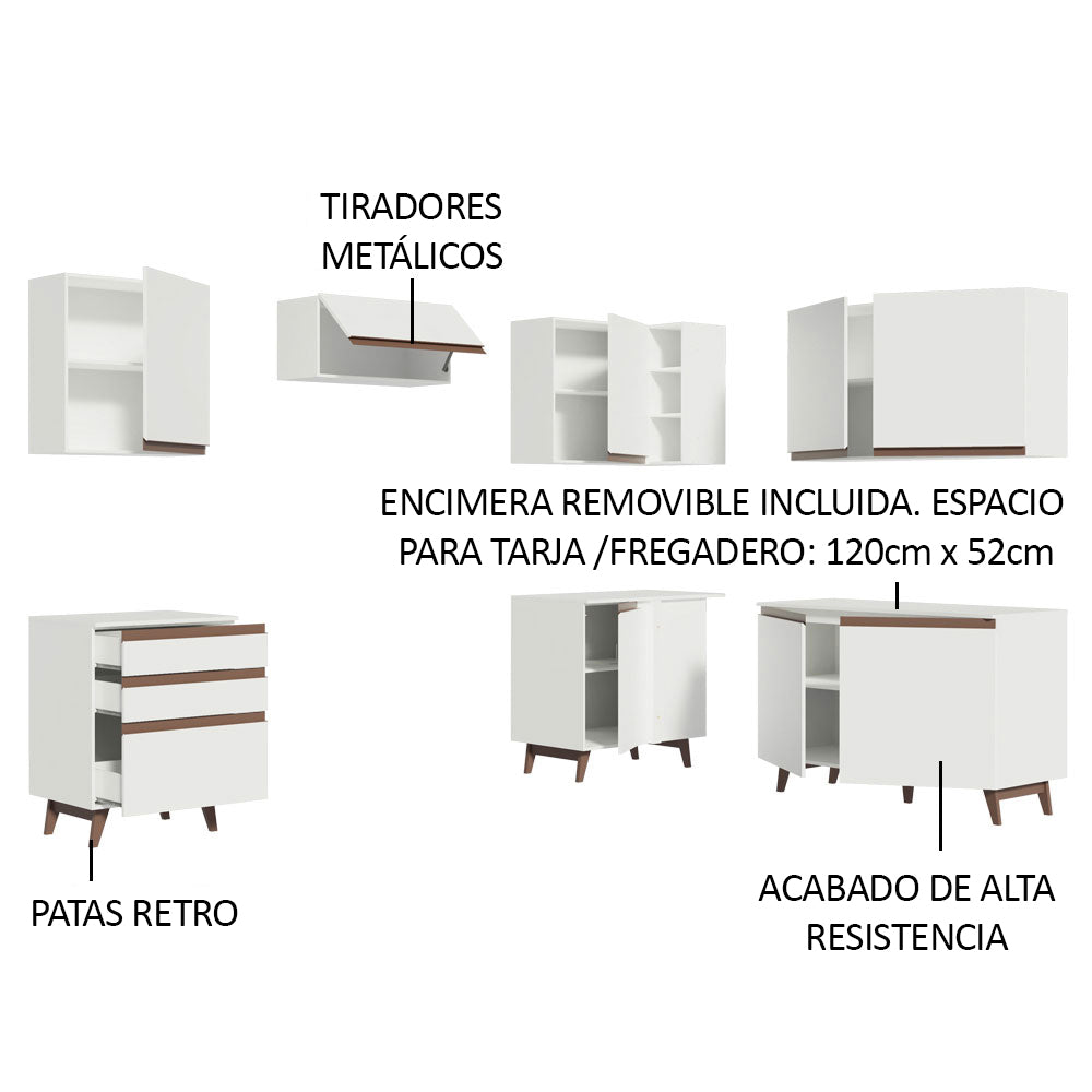 Cocina Integral Esquinero Modular Reims Blanco 392x210cm con Mesón de Madera Aglomerada Mdp sin Estufa con Tres Cajones y con Diecisiete Entrepaños - COCINAS | Bylmo