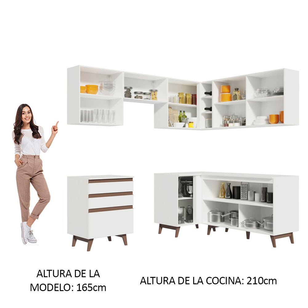 Cocina Integral Esquinero Modular Reims Blanco 392x210cm con Mesón de Madera Aglomerada Mdp sin Estufa con Tres Cajones y con Diecisiete Entrepaños - COCINAS | Bylmo