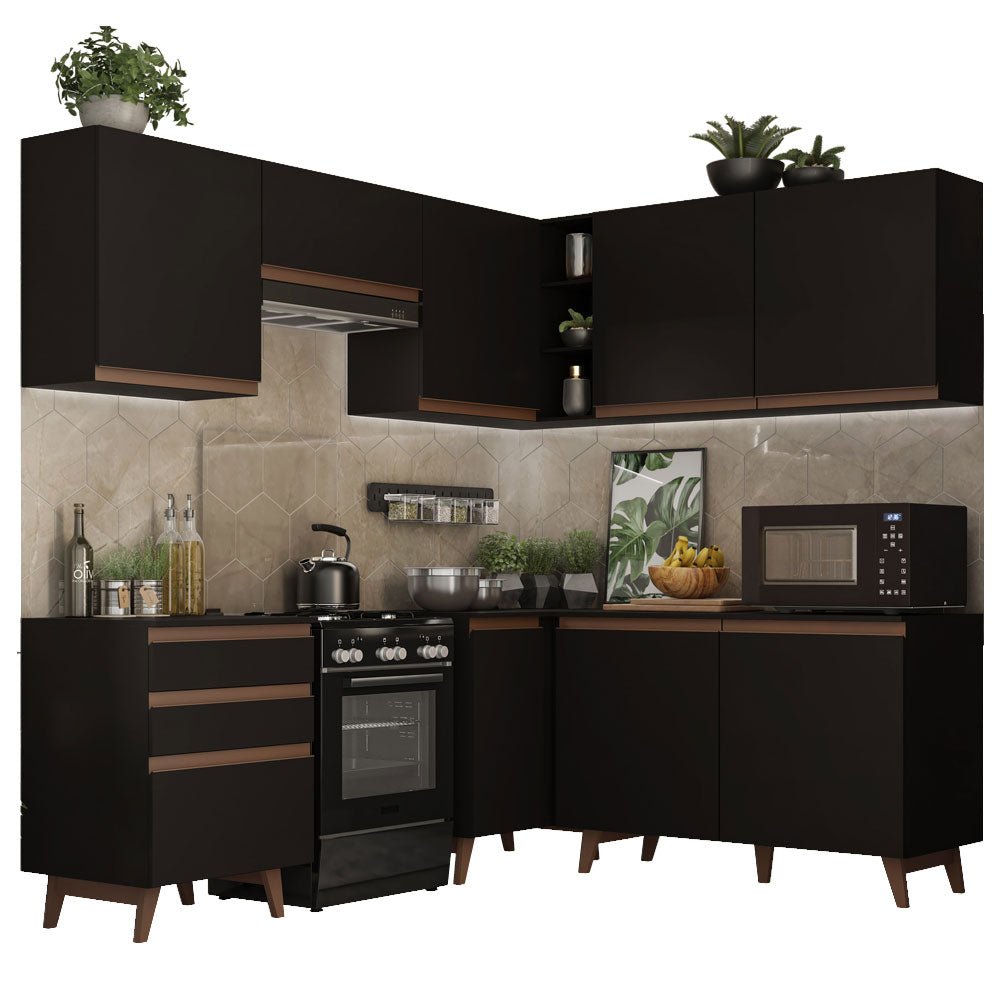 Cocina Integral Esquinero Modular Reims Negro 392x210cm con Mesón de Madera Aglomerada Mdp sin Estufa con Tres Cajones y con Diecisiete Entrepaños - COCINAS | Bylmo