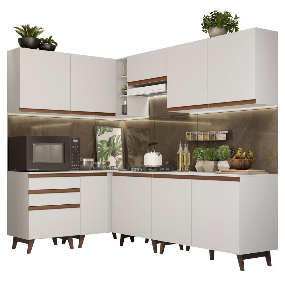 Cocina Integral Esquinero Modular Reims Blanco 392x210cm con Mesón de Madera Aglomerada Mdp sin Estufa con Tres Cajones y con Diecinueve Entrepaños - COCINAS | Bylmo