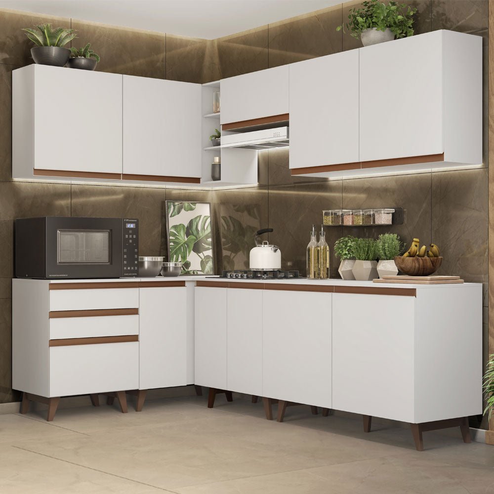 Cocina Integral Esquinero Modular Reims Blanco 392x210cm con Mesón de Madera Aglomerada Mdp sin Estufa con Tres Cajones y con Diecinueve Entrepaños - COCINAS | Bylmo