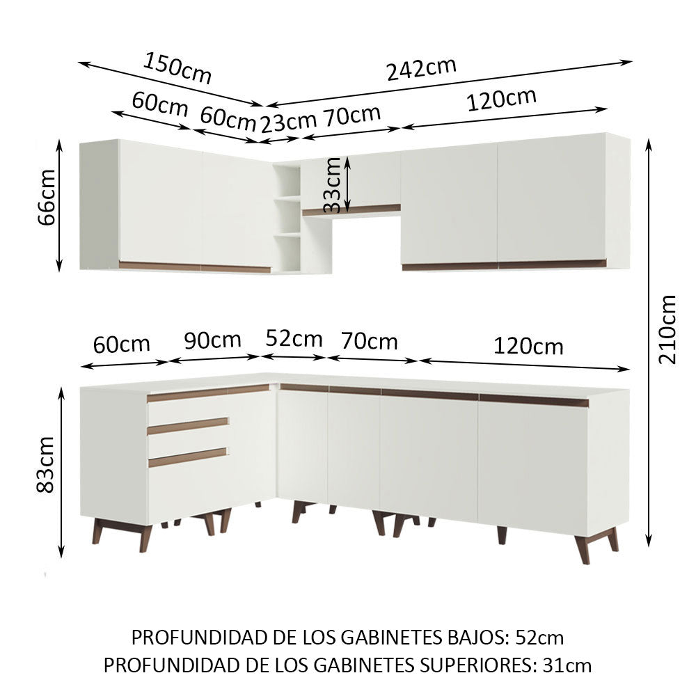 Cocina Integral Esquinero Modular Reims Blanco 392x210cm con Mesón de Madera Aglomerada Mdp sin Estufa con Tres Cajones y con Diecinueve Entrepaños - COCINAS | Bylmo