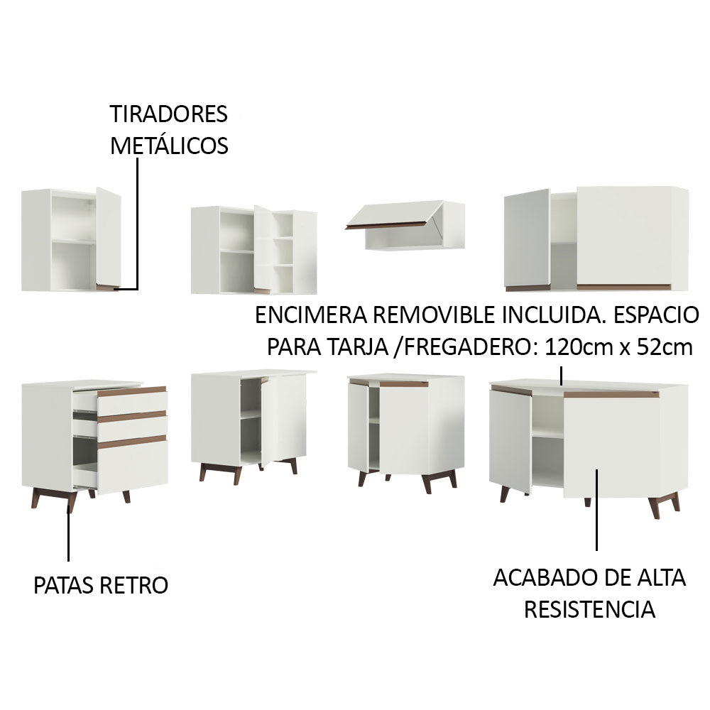 Cocina Integral Esquinero Modular Reims Blanco 392x210cm con Mesón de Madera Aglomerada Mdp sin Estufa con Tres Cajones y con Diecinueve Entrepaños - COCINAS | Bylmo