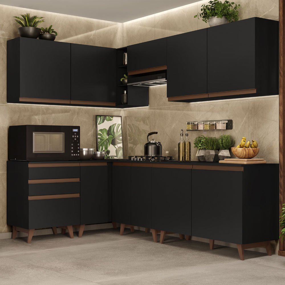 Cocina Integral Esquinero Modular Reims Negro 392x210cm con Mesón de Madera Aglomerada Mdp sin Estufa con Tres Cajones y con Diecinueve Entrepaños - COCINAS | Bylmo