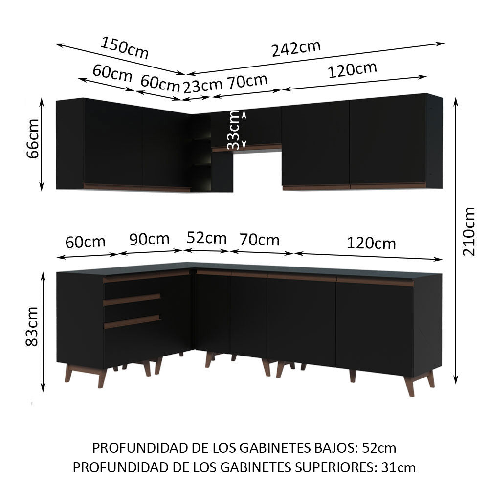 Cocina Integral Esquinero Modular Reims Negro 392x210cm con Mesón de Madera Aglomerada Mdp sin Estufa con Tres Cajones y con Diecinueve Entrepaños - COCINAS | Bylmo
