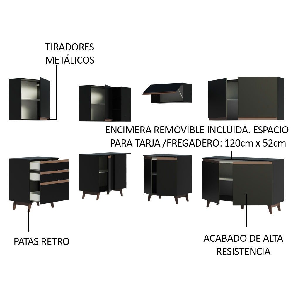 Cocina Integral Esquinero Modular Reims Negro 392x210cm con Mesón de Madera Aglomerada Mdp sin Estufa con Tres Cajones y con Diecinueve Entrepaños - COCINAS | Bylmo