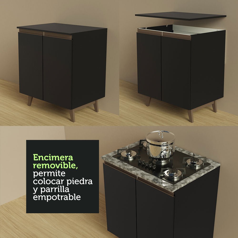 Cocina Integral Esquinero Modular Reims Negro 392x210cm con Mesón de Madera Aglomerada Mdp sin Estufa con Tres Cajones y con Diecinueve Entrepaños - COCINAS | Bylmo
