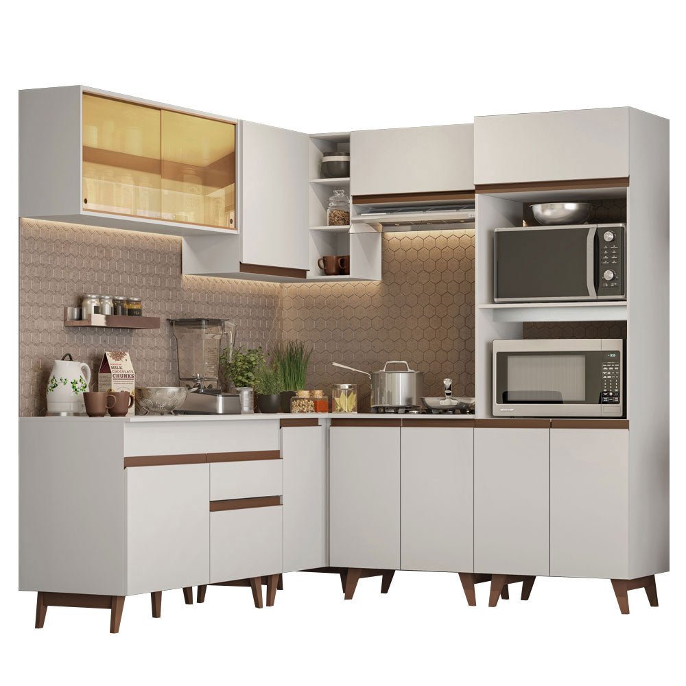 Cocina Integral Esquinero Modular Reims Blanco 402x210cm con Mesón de Madera Aglomerada Mdp sin Estufa con Un Cajón y con Veintiuno Entrepaños - COCINAS | Bylmo