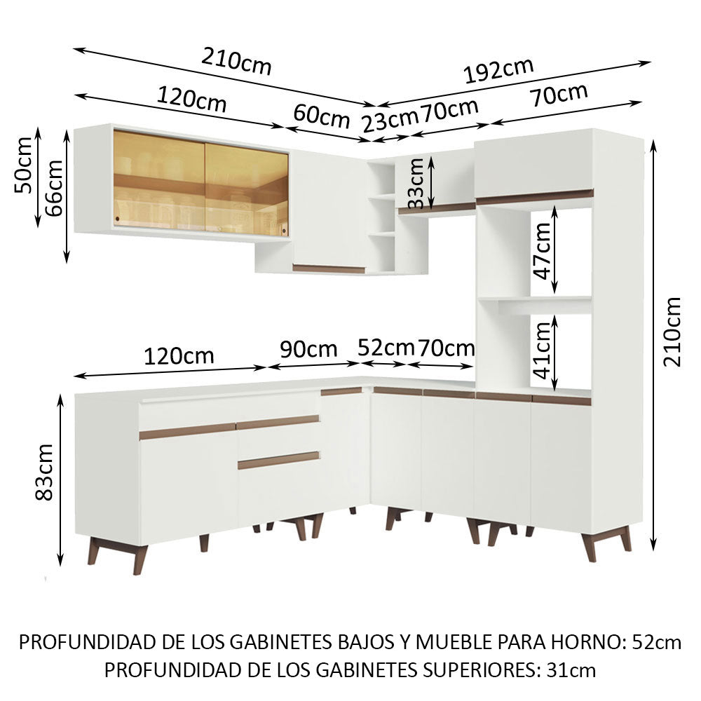 Cocina Integral Esquinero Modular Reims Blanco 402x210cm con Mesón de Madera Aglomerada Mdp sin Estufa con Un Cajón y con Veintiuno Entrepaños - COCINAS | Bylmo