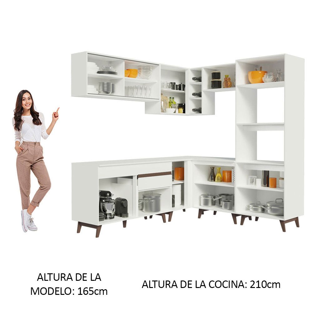 Cocina Integral Esquinero Modular Reims Blanco 402x210cm con Mesón de Madera Aglomerada Mdp sin Estufa con Un Cajón y con Veintiuno Entrepaños - COCINAS | Bylmo
