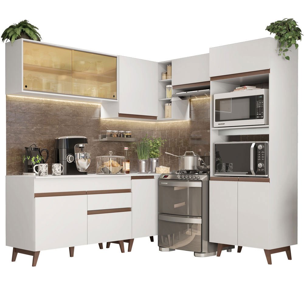 Cocina Integral Esquinero Modular Reims Blanco 402x210cm con Mesón de Madera Aglomerada Mdp sin Estufa con Un Cajón y con Diecinueve Entrepaños - COCINAS | Bylmo