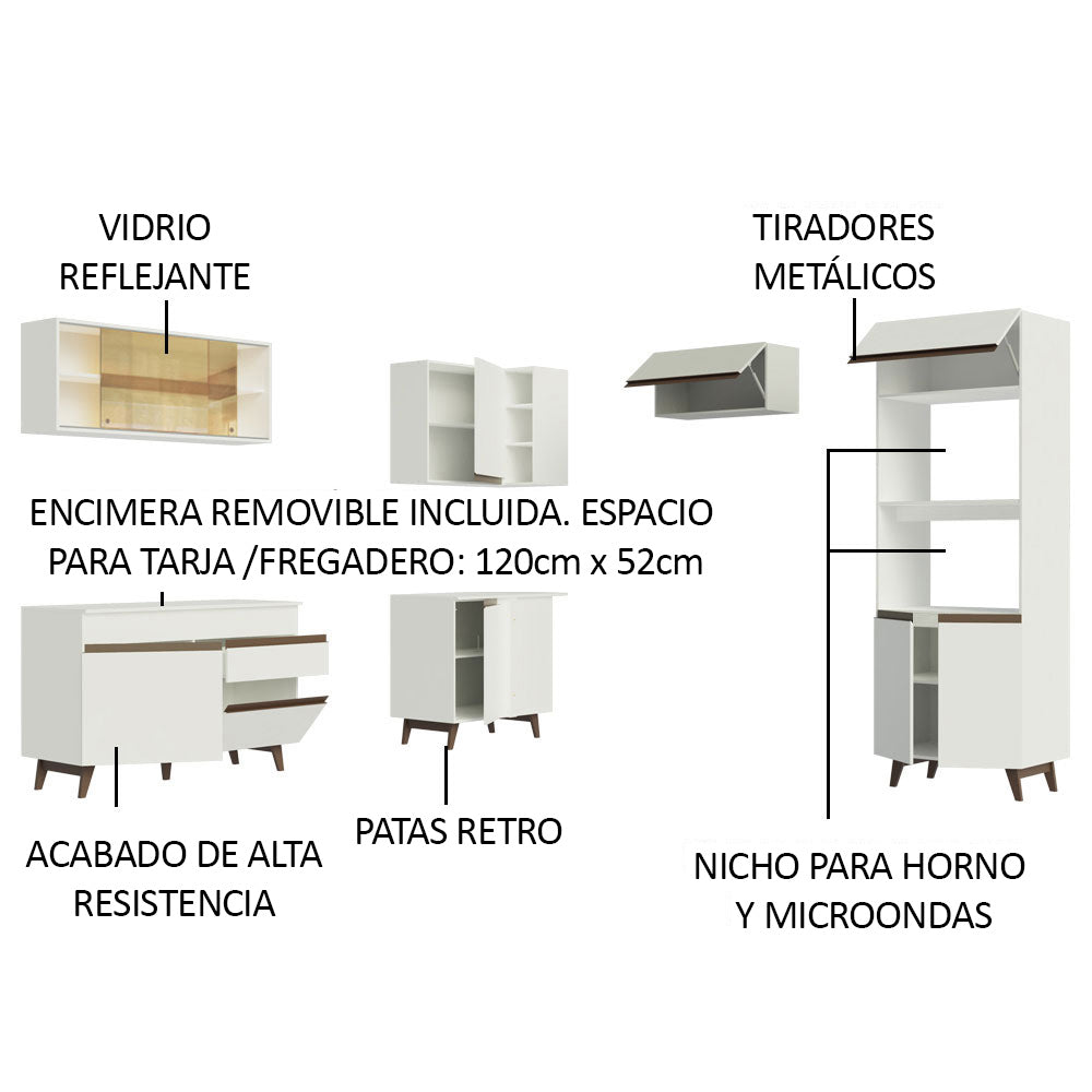 Cocina Integral Esquinero Modular Reims Blanco 402x210cm con Mesón de Madera Aglomerada Mdp sin Estufa con Un Cajón y con Diecinueve Entrepaños - COCINAS | Bylmo