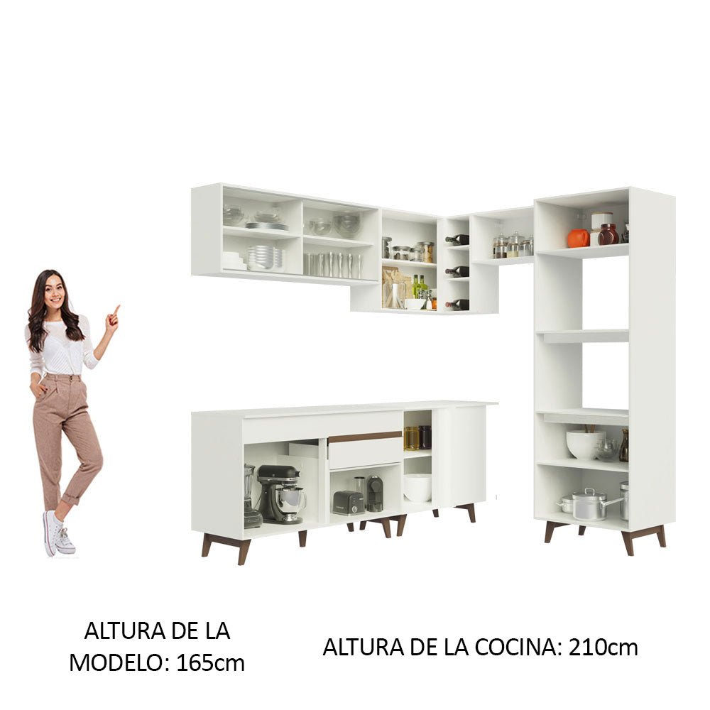 Cocina Integral Esquinero Modular Reims Blanco 402x210cm con Mesón de Madera Aglomerada Mdp sin Estufa con Un Cajón y con Diecinueve Entrepaños - COCINAS | Bylmo