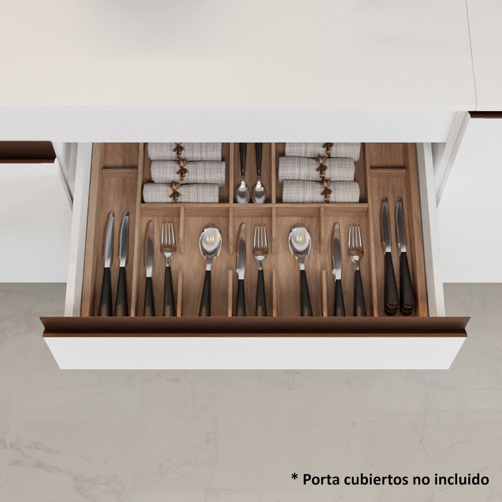 Cocina Integral Esquinero Modular Reims Blanco 402x210cm con Mesón de Madera Aglomerada Mdp sin Estufa con Un Cajón y con Diecinueve Entrepaños - COCINAS | Bylmo