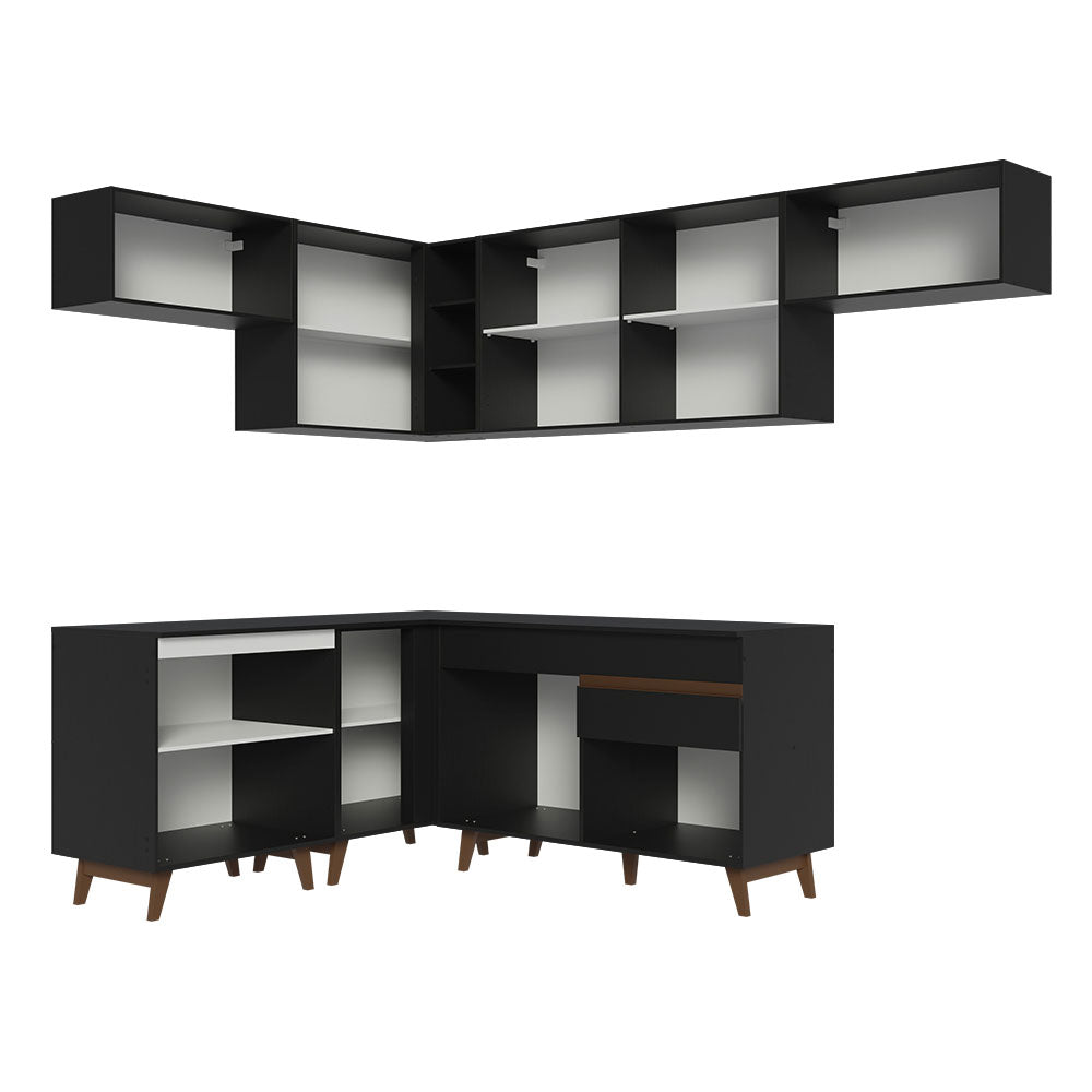 Cocina Integral Esquinero Modular Reims Negro 402x210cm con Mesón de Madera Aglomerada Mdp sin Estufa con Un Cajón y con Diecisiete Entrepaños - COCINAS | Bylmo
