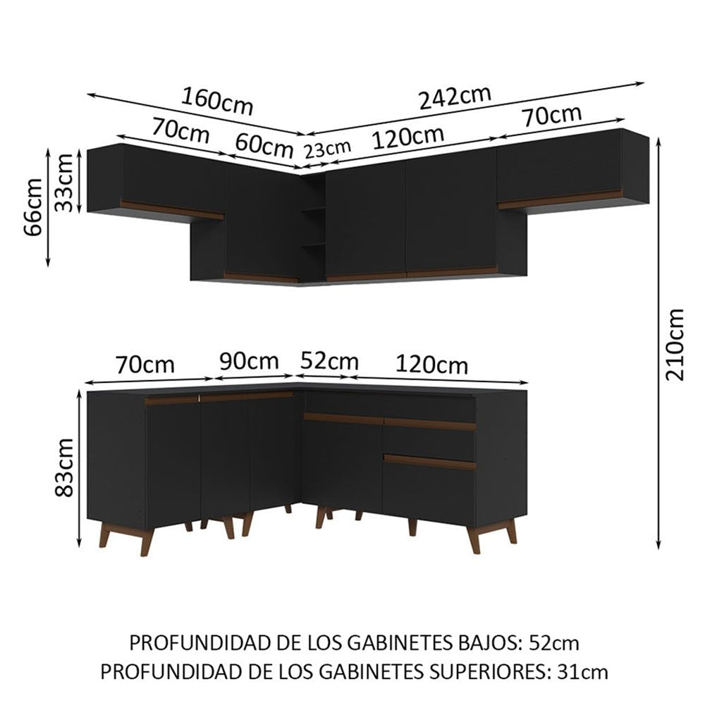 Cocina Integral Esquinero Modular Reims Negro 402x210cm con Mesón de Madera Aglomerada Mdp sin Estufa con Un Cajón y con Diecisiete Entrepaños - COCINAS | Bylmo