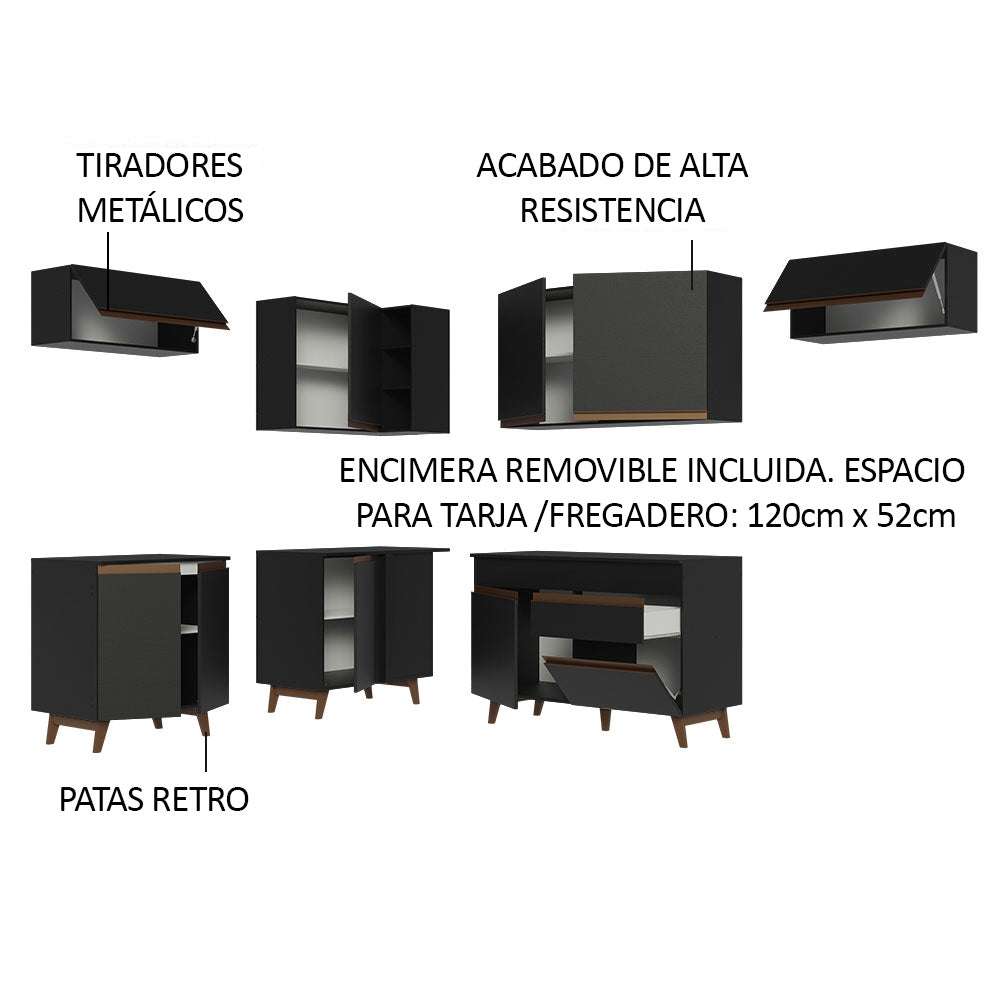Cocina Integral Esquinero Modular Reims Negro 402x210cm con Mesón de Madera Aglomerada Mdp sin Estufa con Un Cajón y con Diecisiete Entrepaños - COCINAS | Bylmo