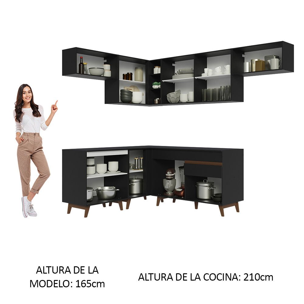 Cocina Integral Esquinero Modular Reims Negro 402x210cm con Mesón de Madera Aglomerada Mdp sin Estufa con Un Cajón y con Diecisiete Entrepaños - COCINAS | Bylmo