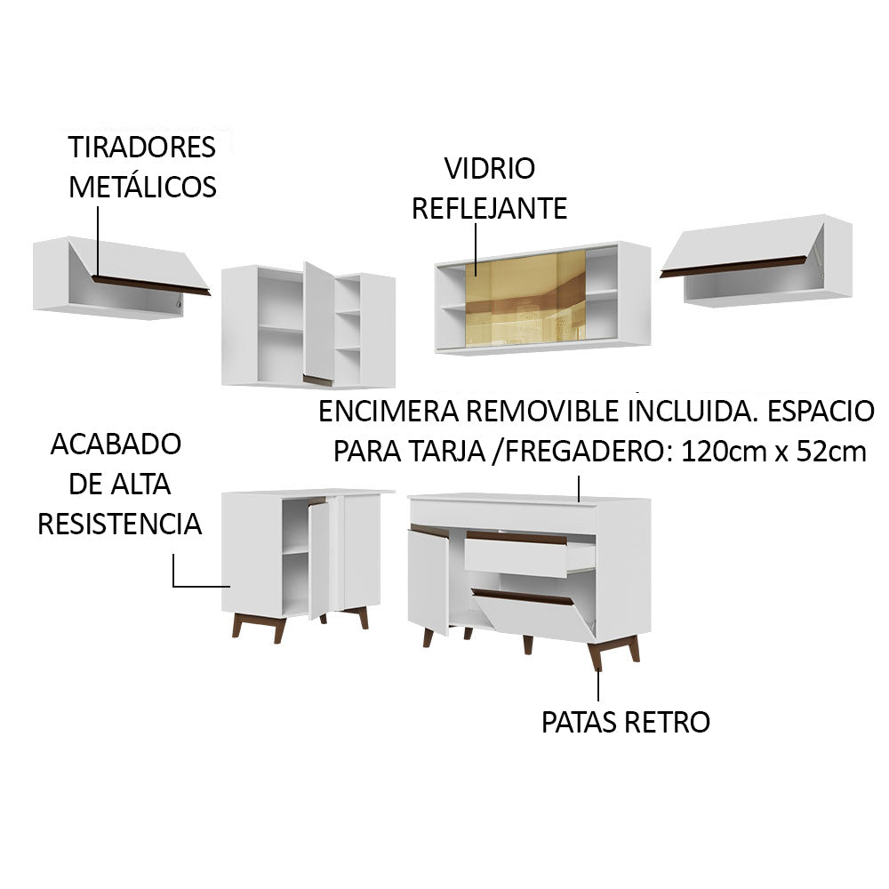 Cocina Integral Esquinero Modular Reims Blanco 402x210cm con Mesón de Madera Aglomerada Mdp sin Estufa con Un Cajón y con Quince Entrepaños - COCINAS | Bylmo