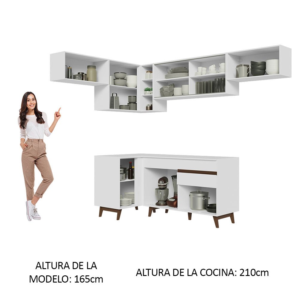 Cocina Integral Esquinero Modular Reims Blanco 402x210cm con Mesón de Madera Aglomerada Mdp sin Estufa con Un Cajón y con Quince Entrepaños - COCINAS | Bylmo