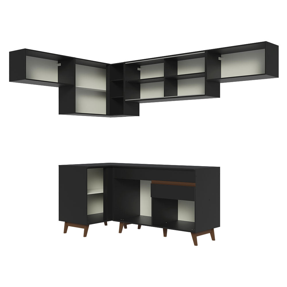 Cocina Integral Esquinero Modular Reims Negro 402x210cm con Mesón de Madera Aglomerada Mdp sin Estufa con Un Cajón y con Quince Entrepaños - COCINAS | Bylmo