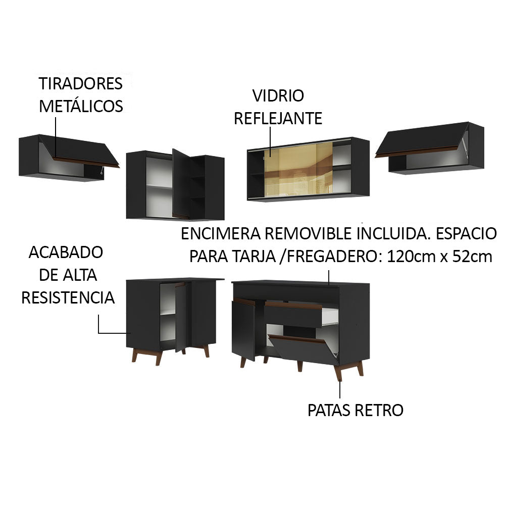 Cocina Integral Esquinero Modular Reims Negro 402x210cm con Mesón de Madera Aglomerada Mdp sin Estufa con Un Cajón y con Quince Entrepaños - COCINAS | Bylmo